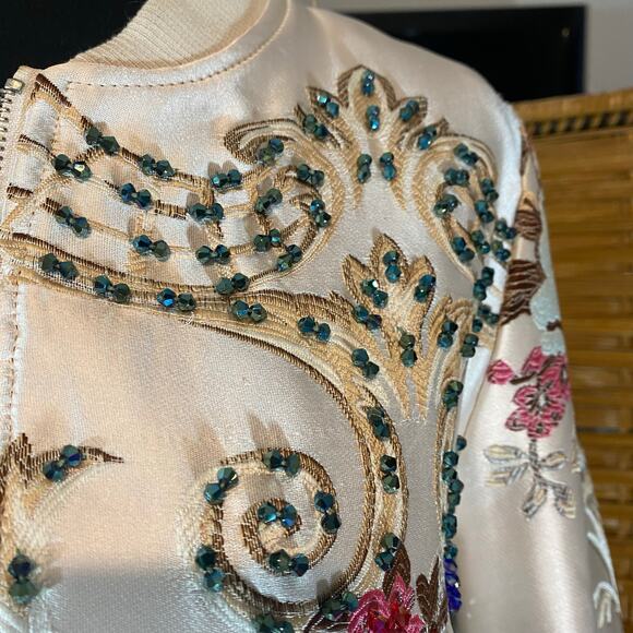 OO LALA Satin Floral Embroidered Bomber Jacket Beaded Medium Statement - Picture 10 of 10